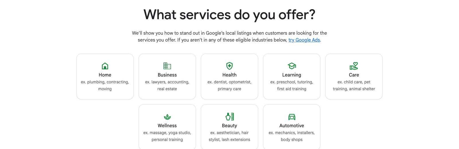Google Local Services Ads page listing eligible industry groups, with Home services including plumbing, contracting and moving