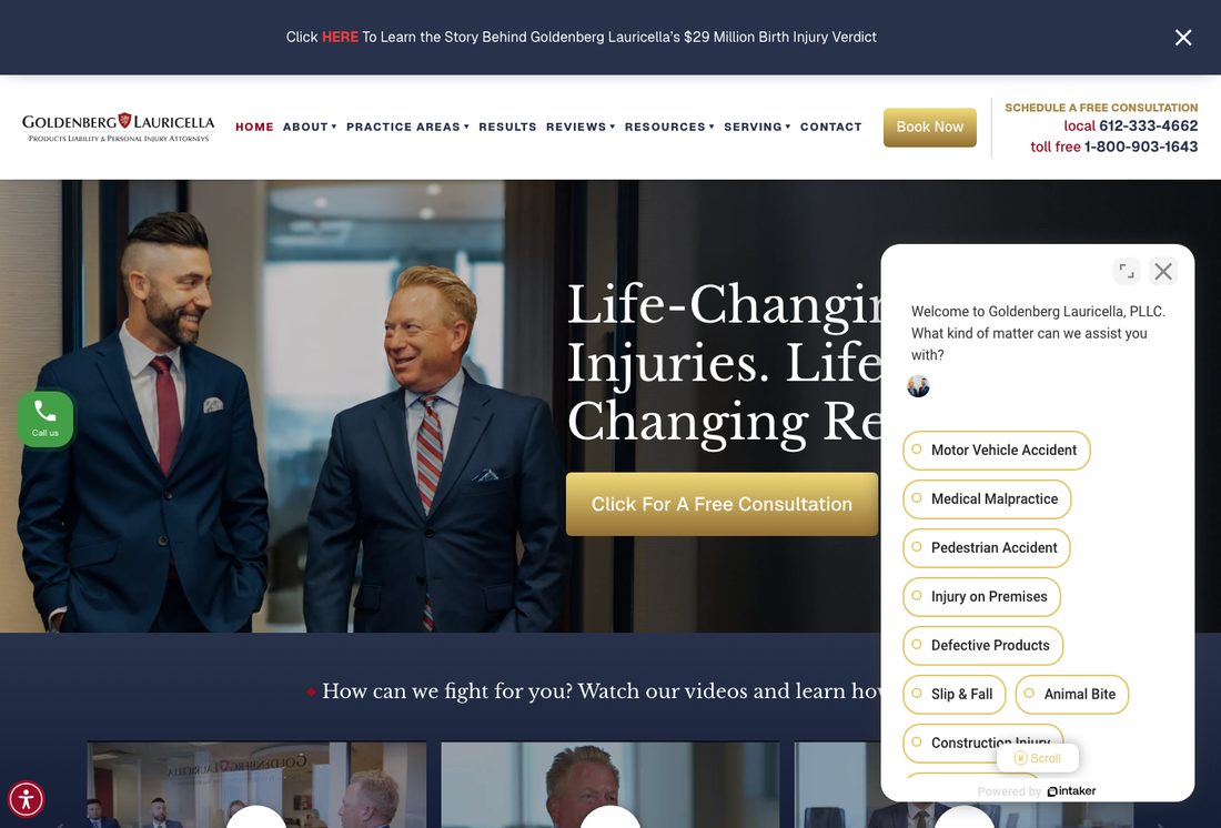 Goldenberg Lauricella homepage where an automatically opened chat widget covers the right half of the headline