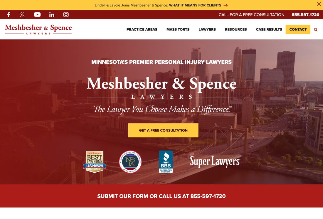 Meshbesher and Spence homepage with a row of four legal credential badges beneath the hero call to action