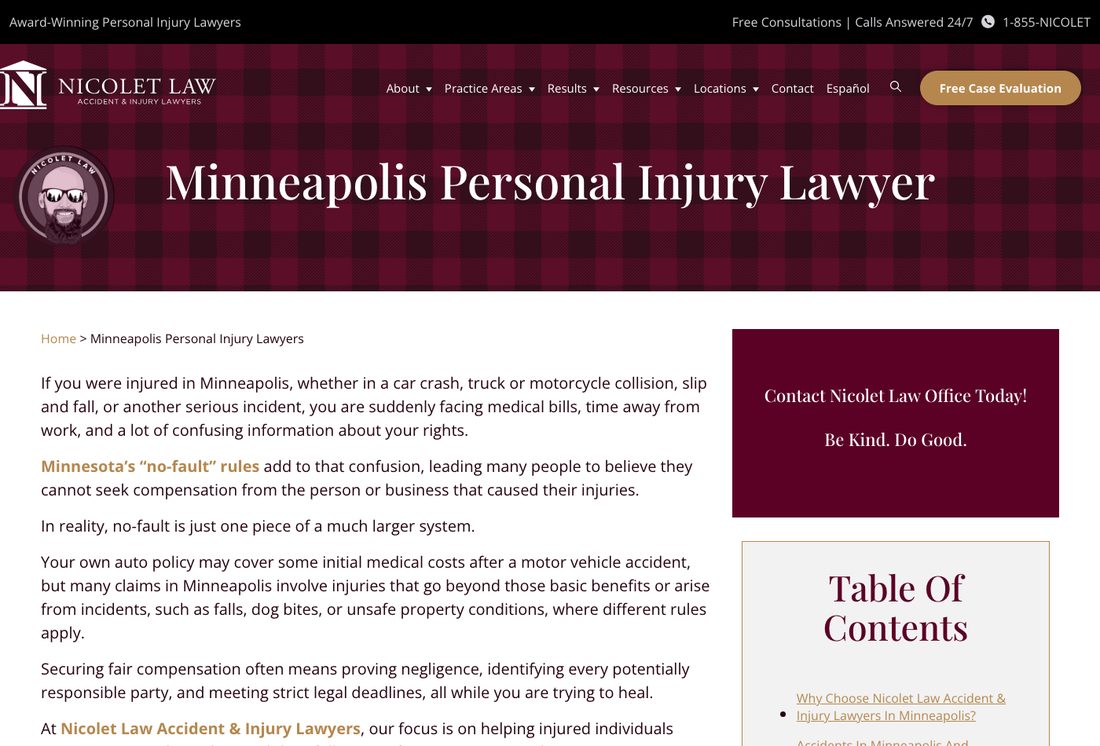 Nicolet Law Minneapolis page with a title bar hero followed by long explanatory body copy and a sidebar table of contents