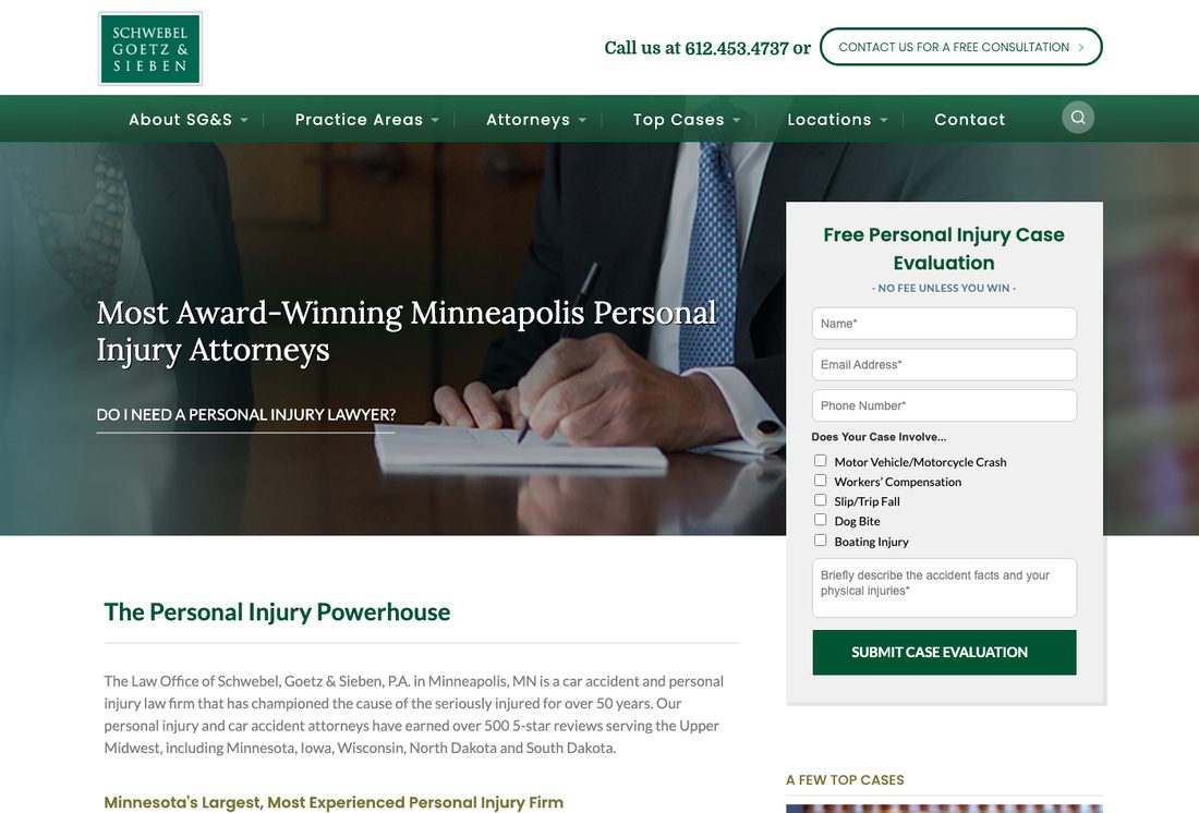 Schwebel Goetz and Sieben homepage with a case evaluation form in the hero and case type checkboxes