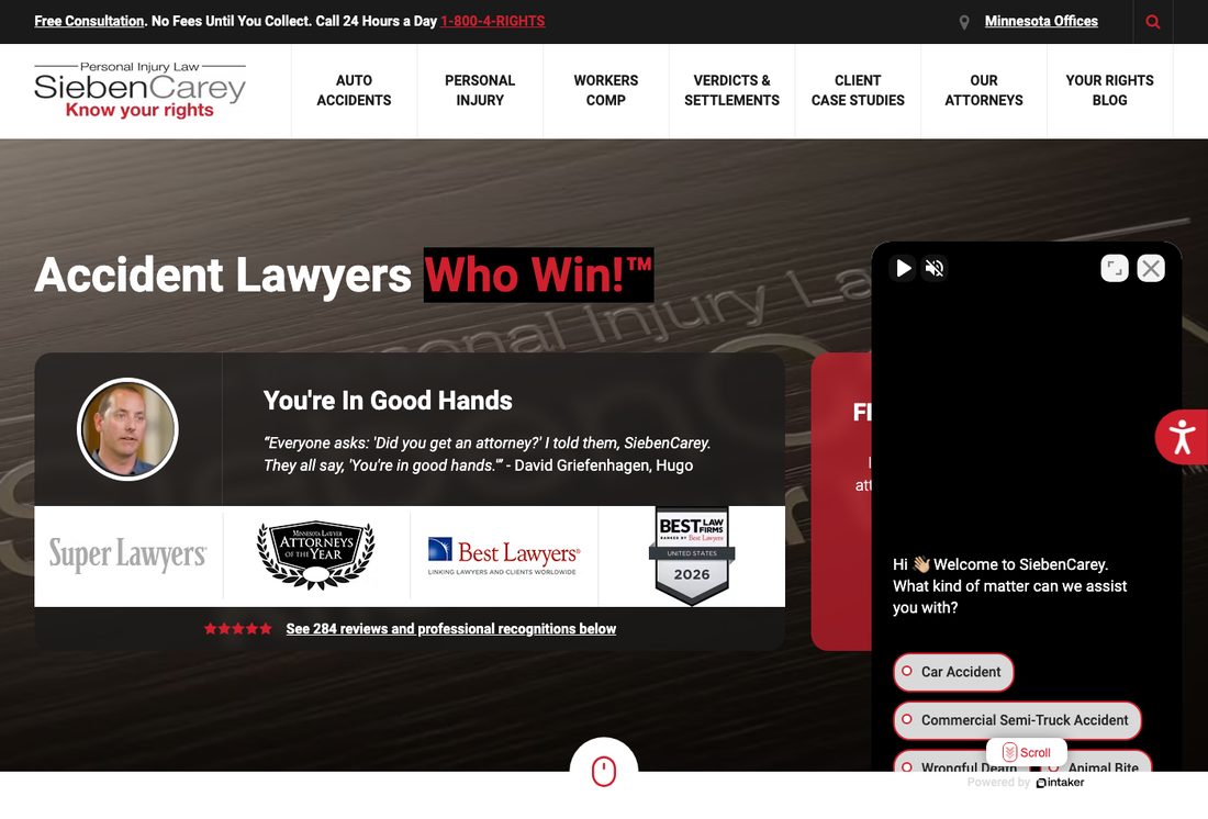 SiebenCarey homepage with a client testimonial card in the hero and a chat widget covering the consultation form