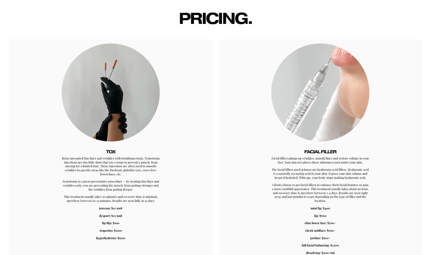 The Luxen Collective pricing page listing Jeuveau at $12 per unit, Dysport at $13 per unit, lip flip $100, and facial filler from $400 for a mini lip to $3,200 for full facial balancing