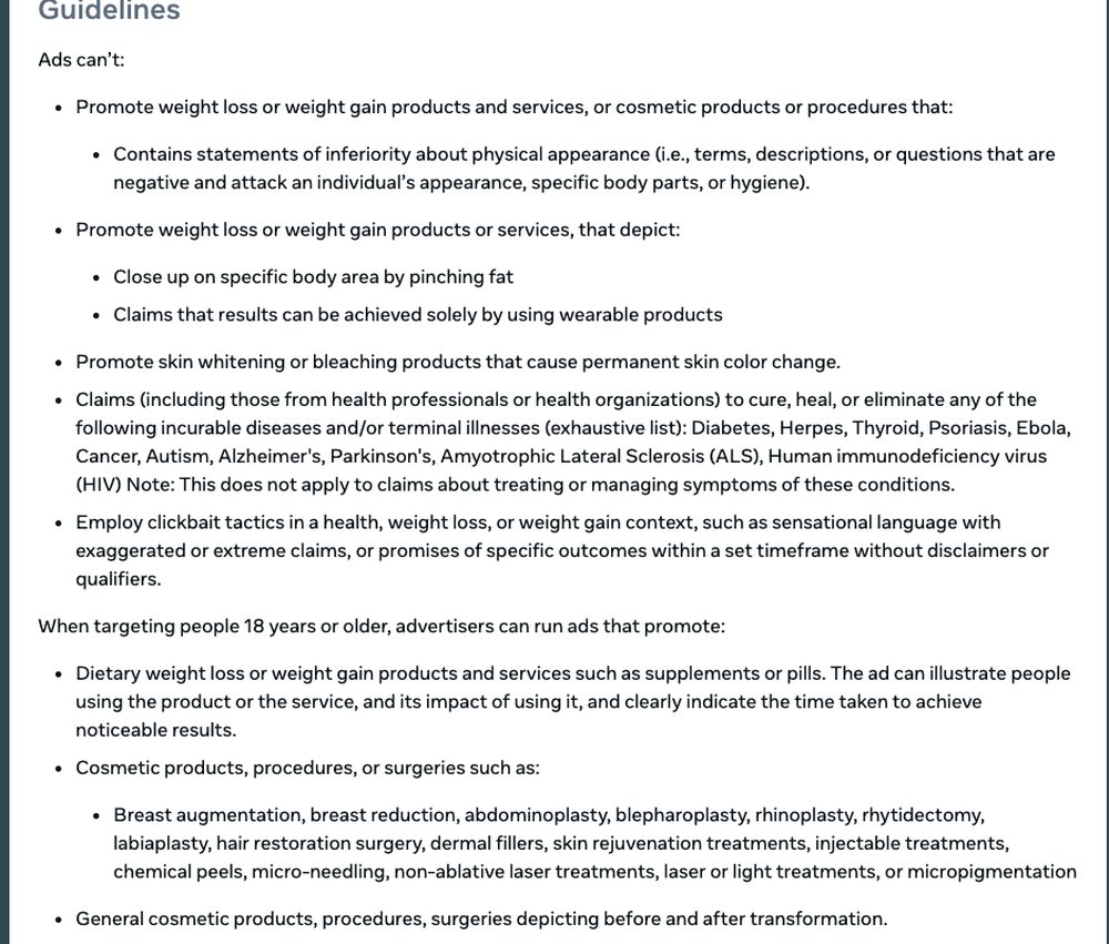 Meta advertising standards page for Health and Wellness listing what ads cannot contain, including statements of inferiority about physical appearance and close-ups pinching fat, and what is allowed at 18 plus including dermal fillers and before and after transformations