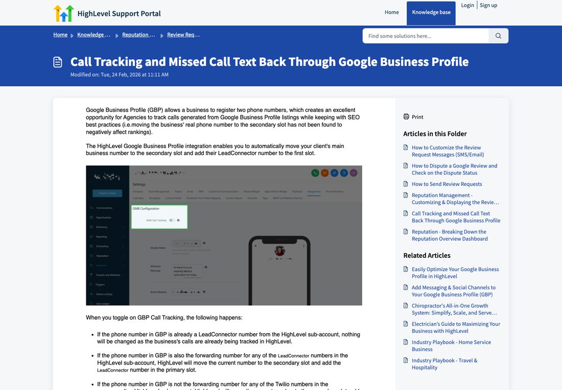 HighLevel support article on call tracking and missed call text back through Google Business Profile, captured September 2026