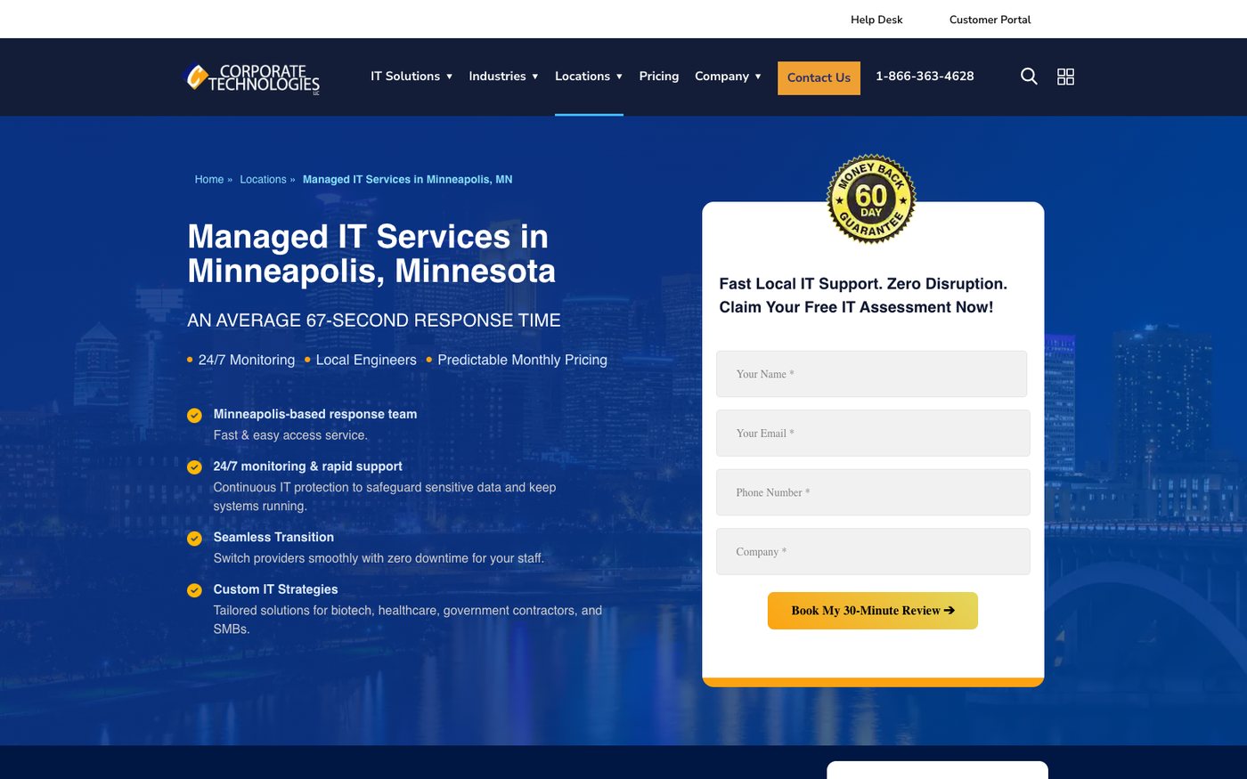 Corporate Technologies Minneapolis managed IT services page with a 67-second average response time claim, a free assessment form, a 60-day money-back badge and four MSP 501 award badges