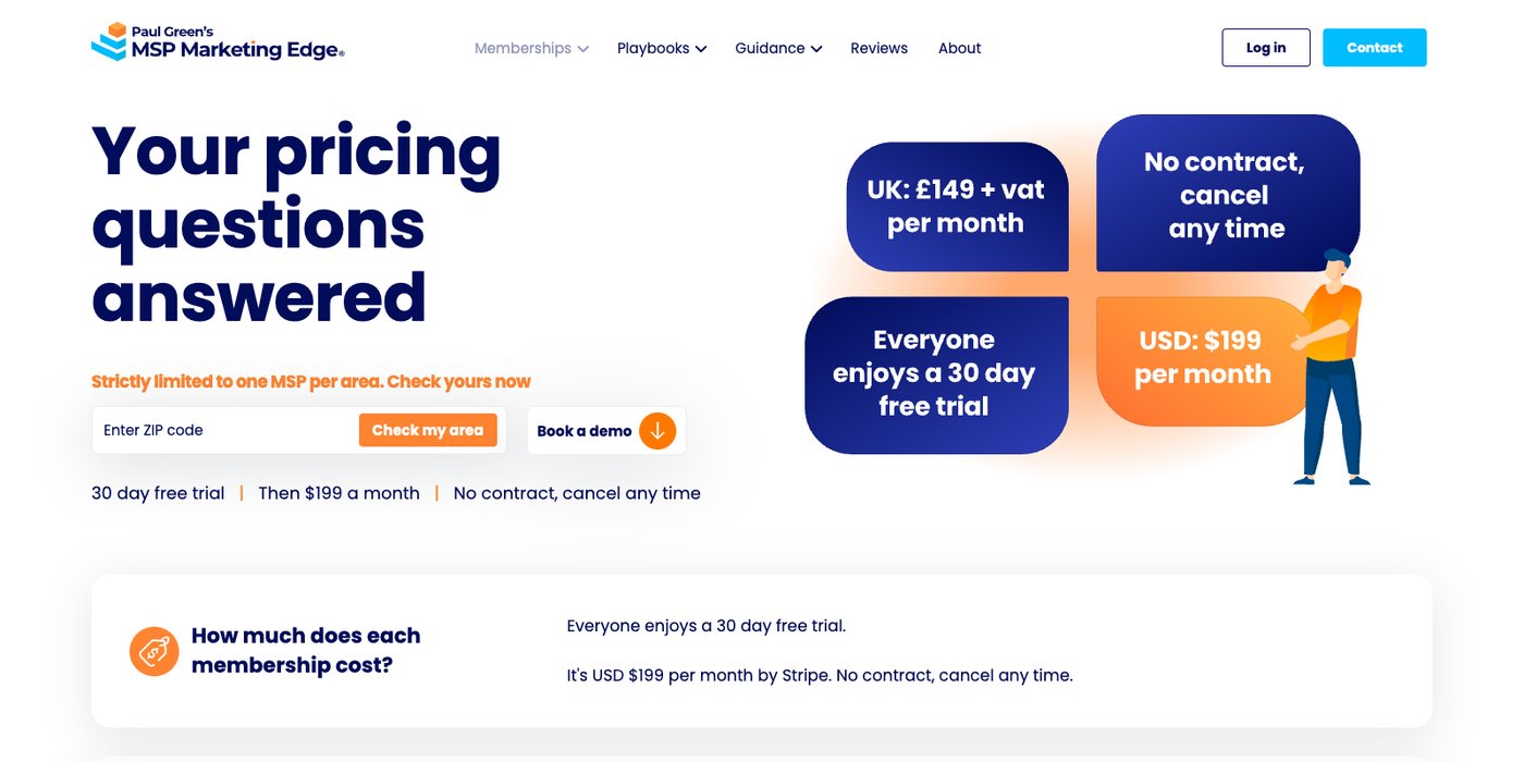 MSP Marketing Edge pricing page showing USD $199 per month, a 30-day free trial, no contract, and the line strictly limited to one MSP per area