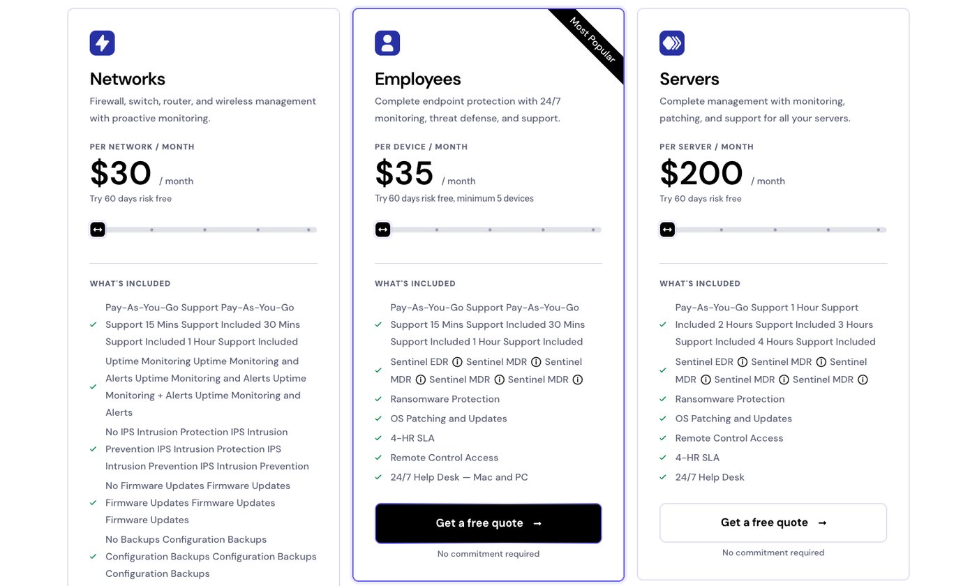 SADOS pricing page showing managed IT plans at $30 per network, $35 per device with a five-device minimum and $200 per server per month, each with a 60-day risk-free trial