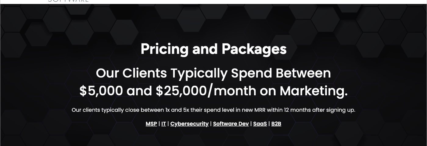Tortoise and Hare Software pricing page header reading Our Clients Typically Spend Between $5,000 and $25,000 a month on Marketing