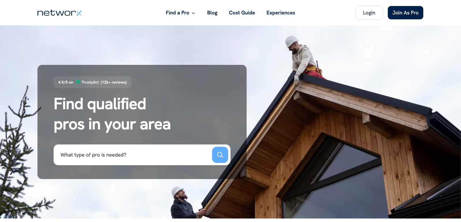 Networx homepage hero reading Find qualified pros in your area with a badge showing 4.9 out of 5 on Trustpilot from 12k-plus reviews