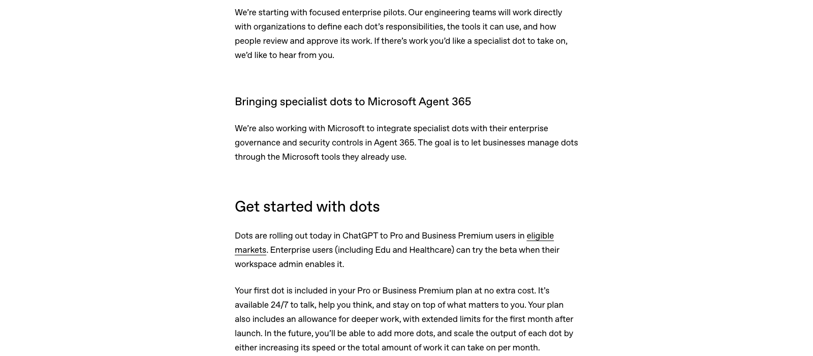The Get started with dots section of OpenAI's announcement: first dot included with Pro or Business Premium, allowance for deeper work, more dots to be sold later