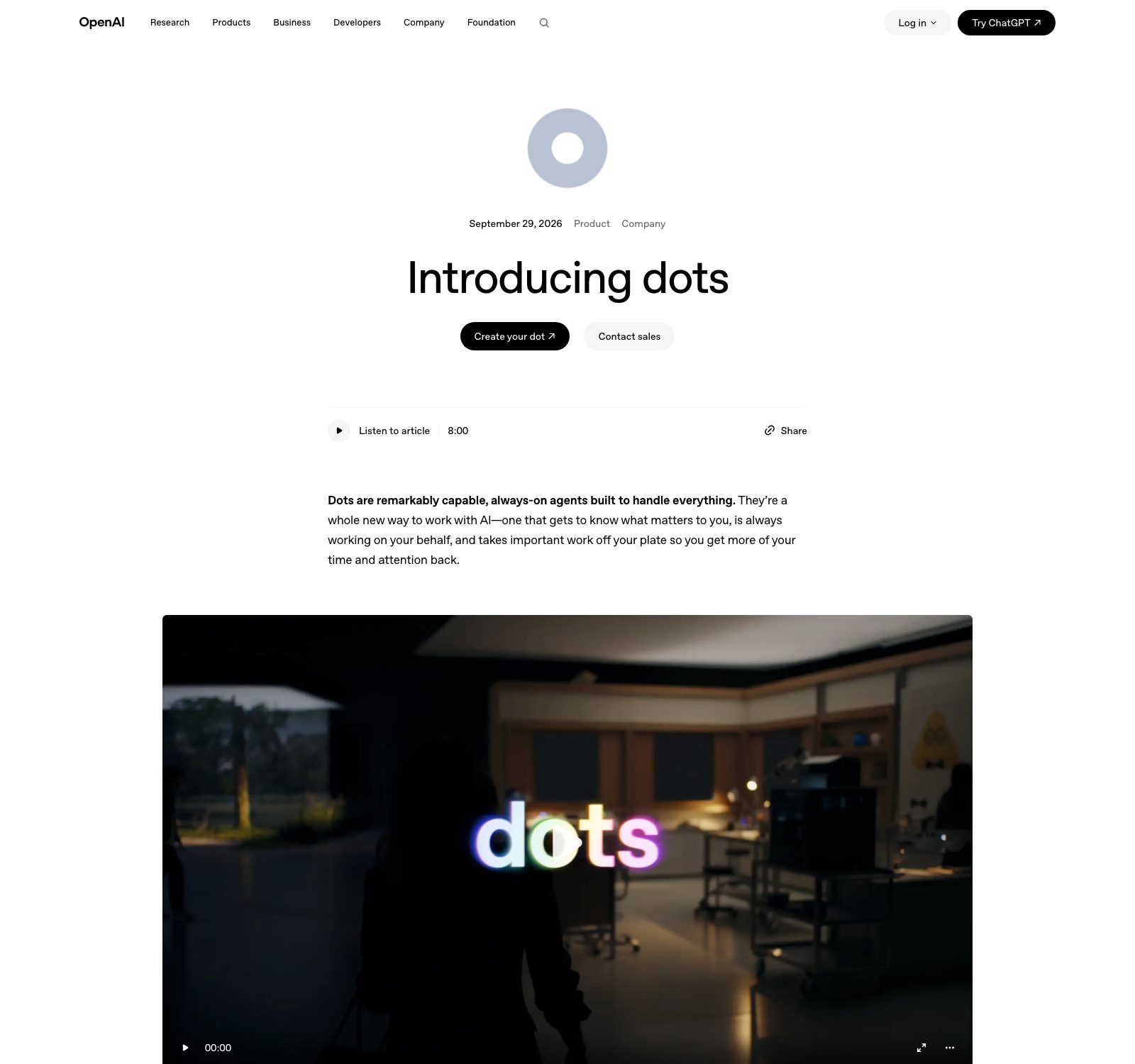 OpenAI's Introducing dots announcement page, September 29, 2026