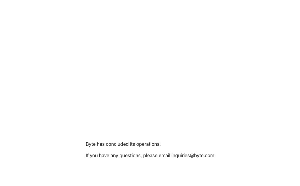 The byte.com homepage showing only the Byte logo and the text Byte has concluded its operations, with an email address for questions