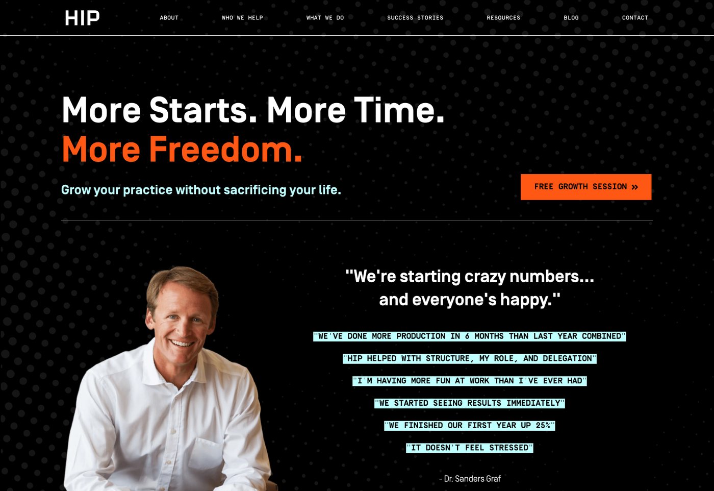 HIP agency homepage with the headline More Starts. More Time. More Freedom. and a Free Growth Session button beside a testimonial reading We're starting crazy numbers and everyone's happy