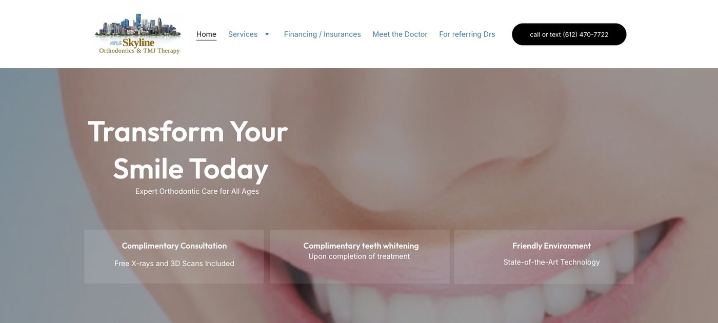 Mpls Skyline Orthodontics homepage headed Transform Your Smile Today with three offers: complimentary consultation with free X-rays and 3D scans, complimentary teeth whitening upon completion of treatment, and friendly environment