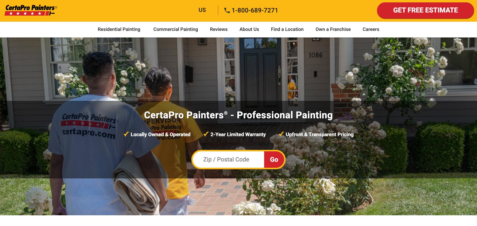 CertaPro Painters homepage with a free estimate call to action, service categories for interior, exterior and commercial painting, and project photography