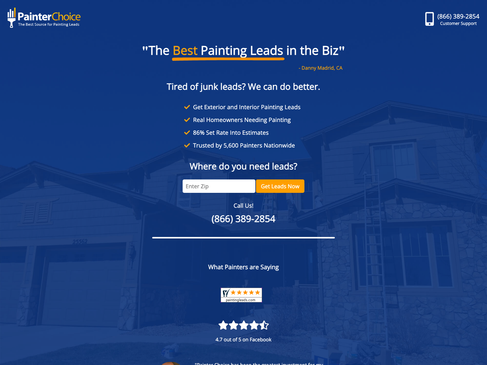 PaintingLeads.com Painter Choice homepage advertising exterior and interior painting leads, an 86 percent set rate into estimates, and 5,600 painters nationwide