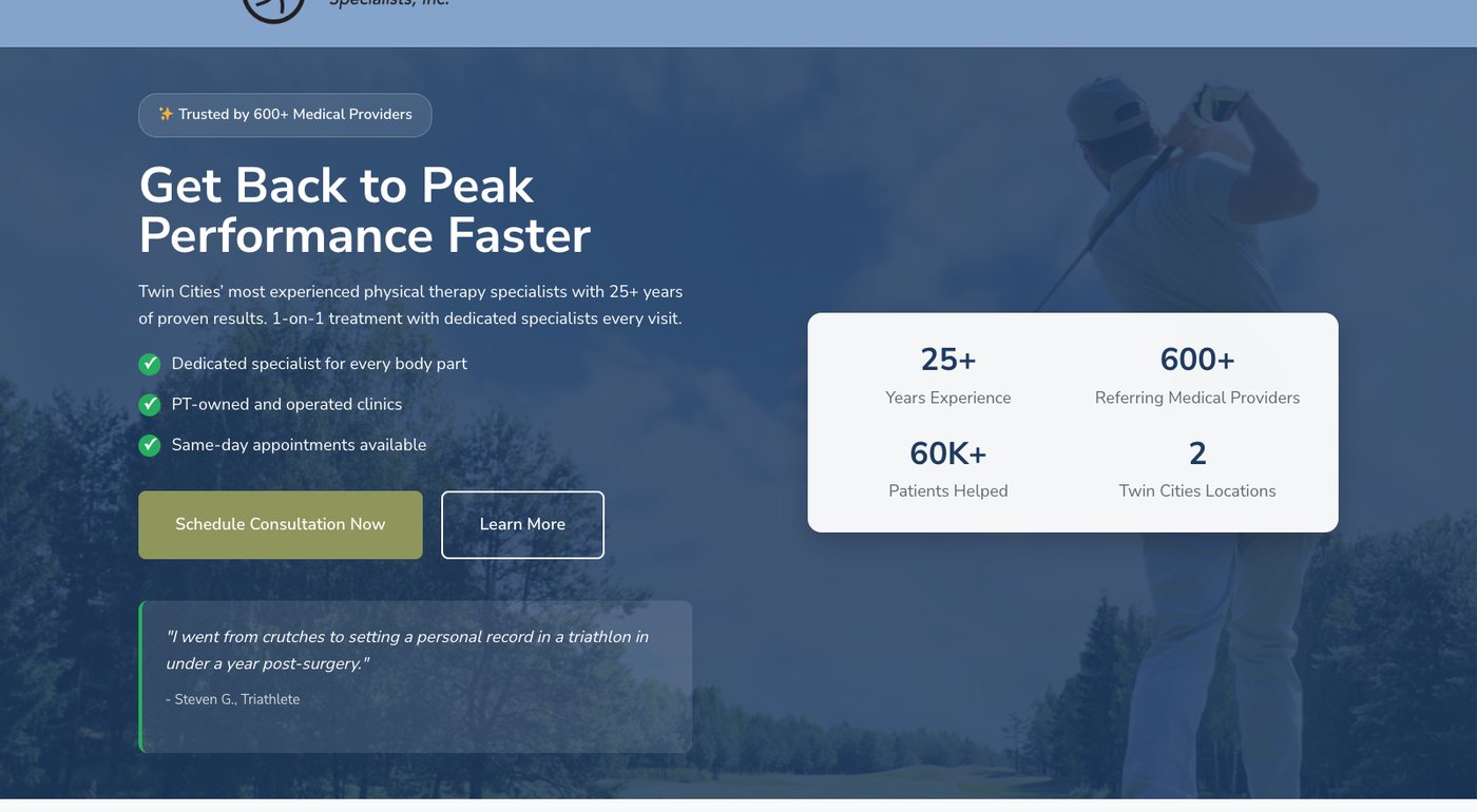 OrthoRehab Specialists homepage headed Get Back to Peak Performance Faster with the bullet PT-owned and operated clinics and a stats card showing 25 plus years, 600 plus referring providers and 60K plus patients