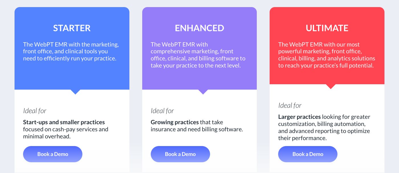 WebPT pricing page showing Starter, Enhanced and Ultimate plan cards, each with a Book a Demo button and no dollar figure