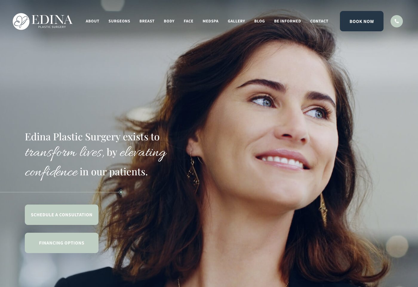 Edina Plastic Surgery homepage with a stock portrait of a smiling woman, the headline Edina Plastic Surgery exists to transform lives, and buttons for Schedule a Consultation and Financing Options