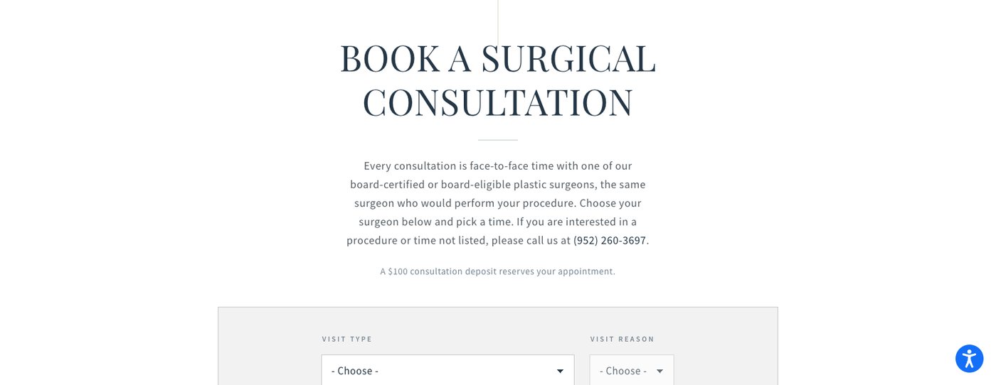Edina Plastic Surgery online booking page headed Book a Surgical Consultation, stating every consultation is face-to-face time with the surgeon who would perform your procedure and that a $100 deposit reserves the appointment