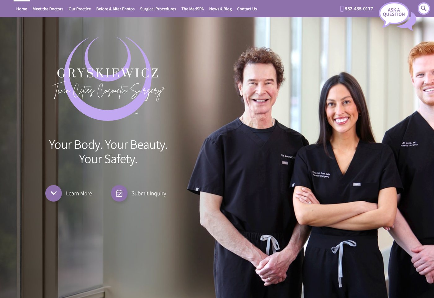 Gryskiewicz Twin Cities Cosmetic Surgery homepage with three surgeons in black scrubs, the headline Your Body Your Beauty Your Safety, and tiles for Quick Recovery Breast Augmentation and View Over 5000 Before and After Photos