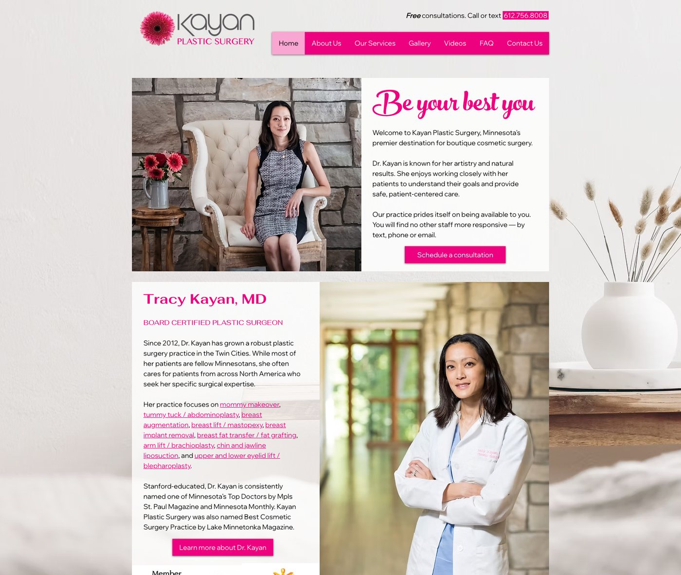 Kayan Plastic Surgery homepage with two photographs of Dr. Tracy Kayan, the headline Be your best you, a free consultations bar and a Board Certified Plastic Surgeon section