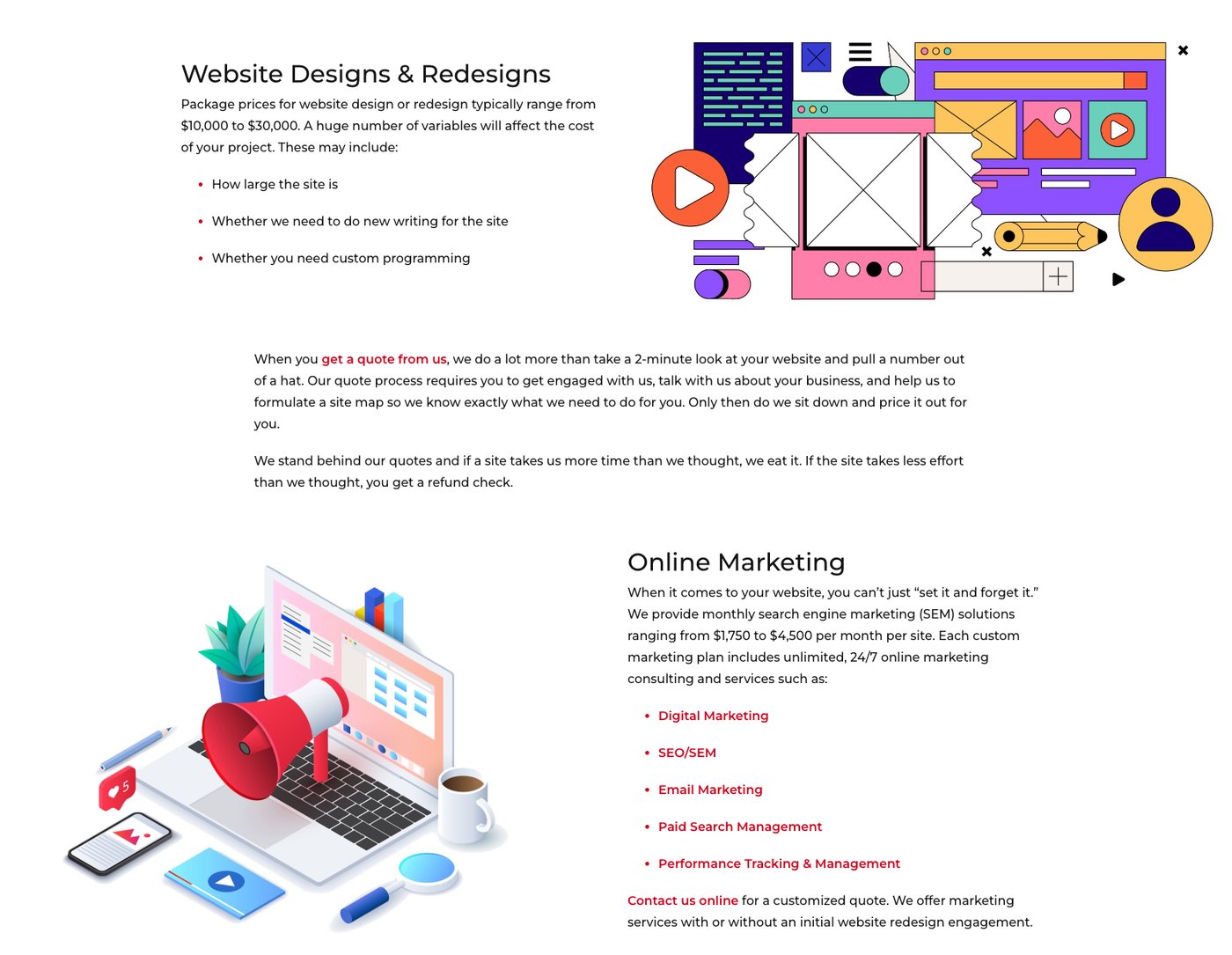 Sector45 pricing page stating website design packages typically range from $10,000 to $30,000 and monthly search engine marketing from $1,750 to $4,500 per site