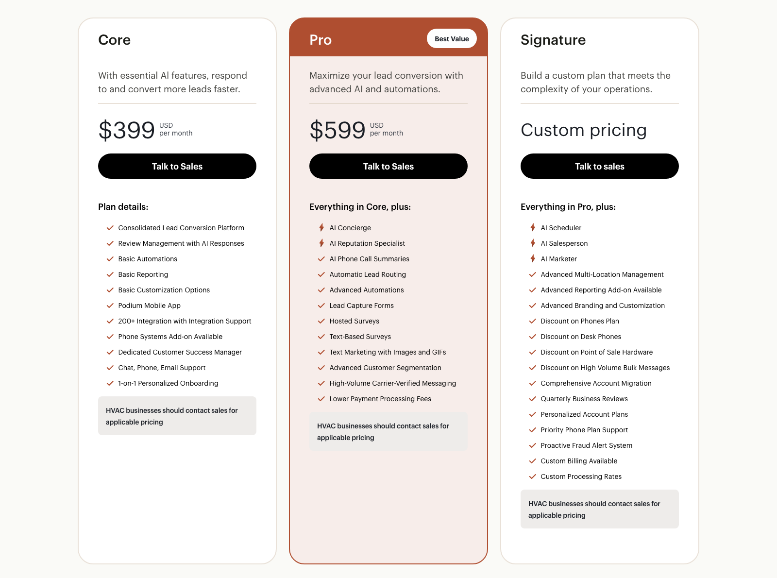 Podium pricing page showing Core at $399 per month, Pro at $599 per month marked Best Value, and Signature at custom pricing