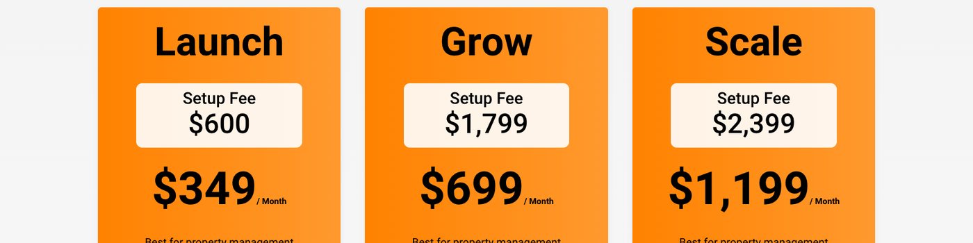 Fourandhalf pricing page showing Launch at $600 setup and $349 a month, Grow at $1,799 setup and $699 a month, Scale at $2,399 setup and $1,199 a month