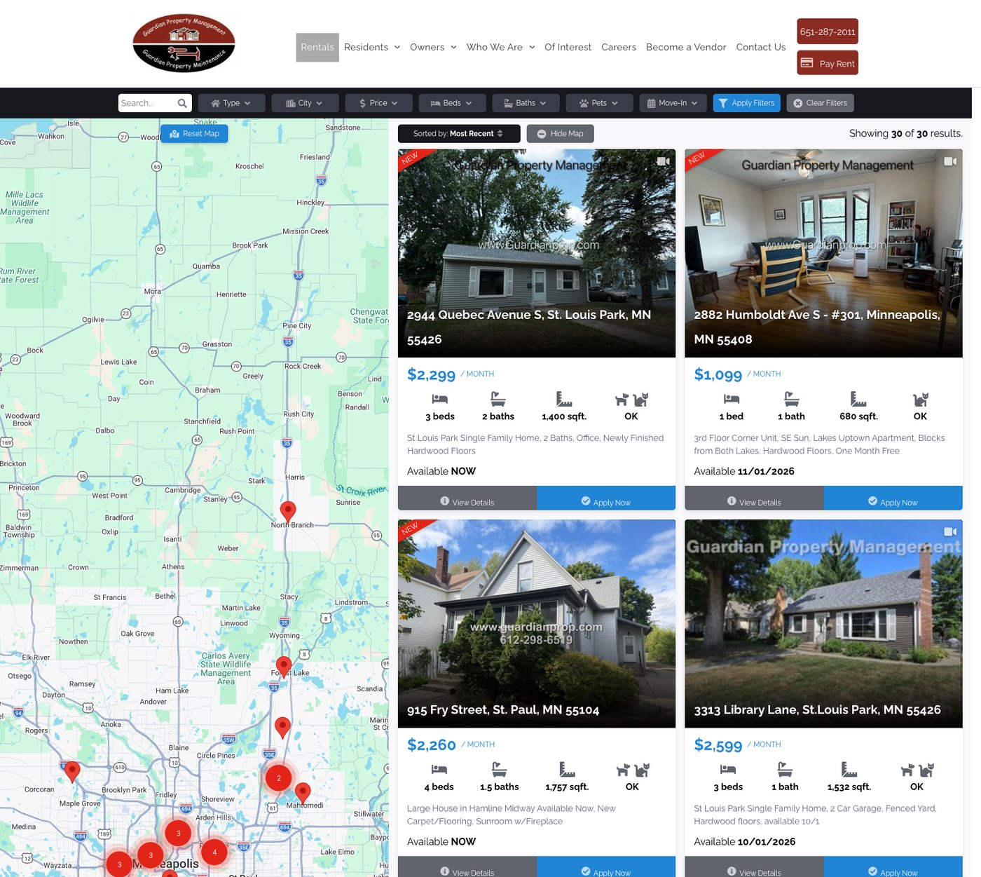 Guardian Property Management vacancies page built on AppFolio, showing a map and thirty listing cards loaded by script