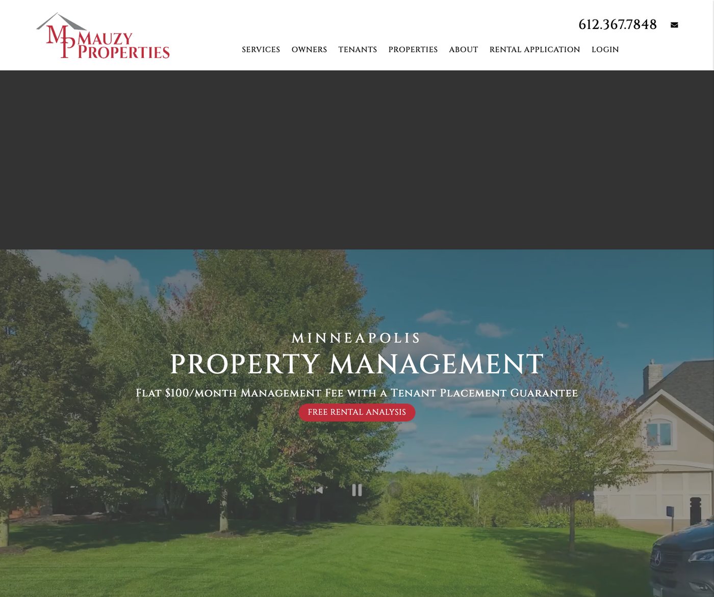 Mauzy Properties homepage hero reading Minneapolis Property Management, flat $100 per month management fee with a tenant placement guarantee, and a free rental analysis button