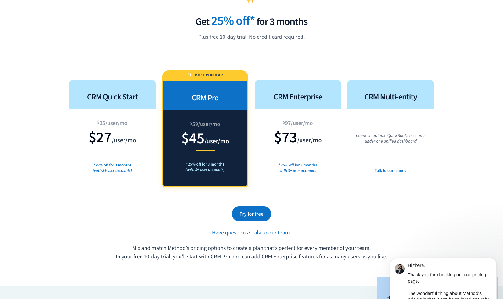 Method CRM pricing page showing Quick Start at 35 dollars, Pro at 59 dollars and Enterprise at 97 dollars per user per month