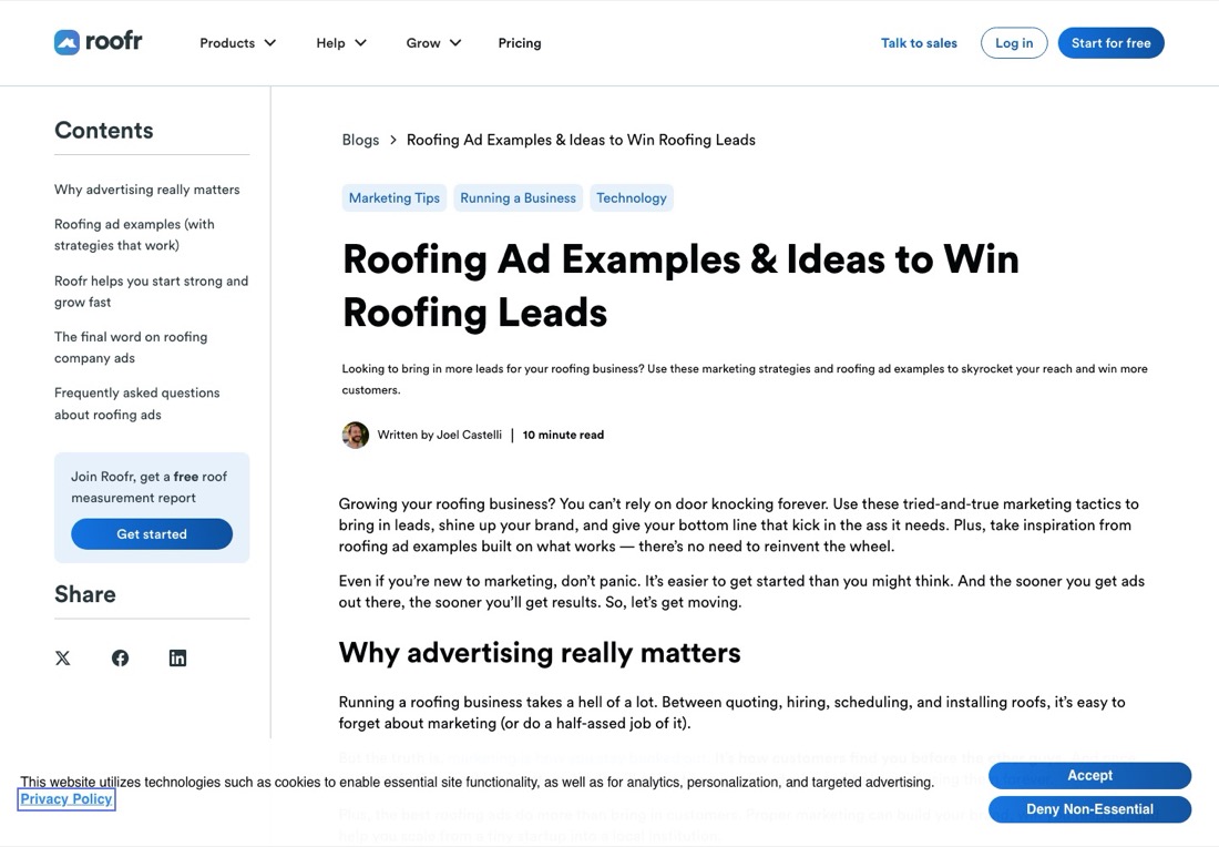 Roofr blog article on roofing advertisement ideas