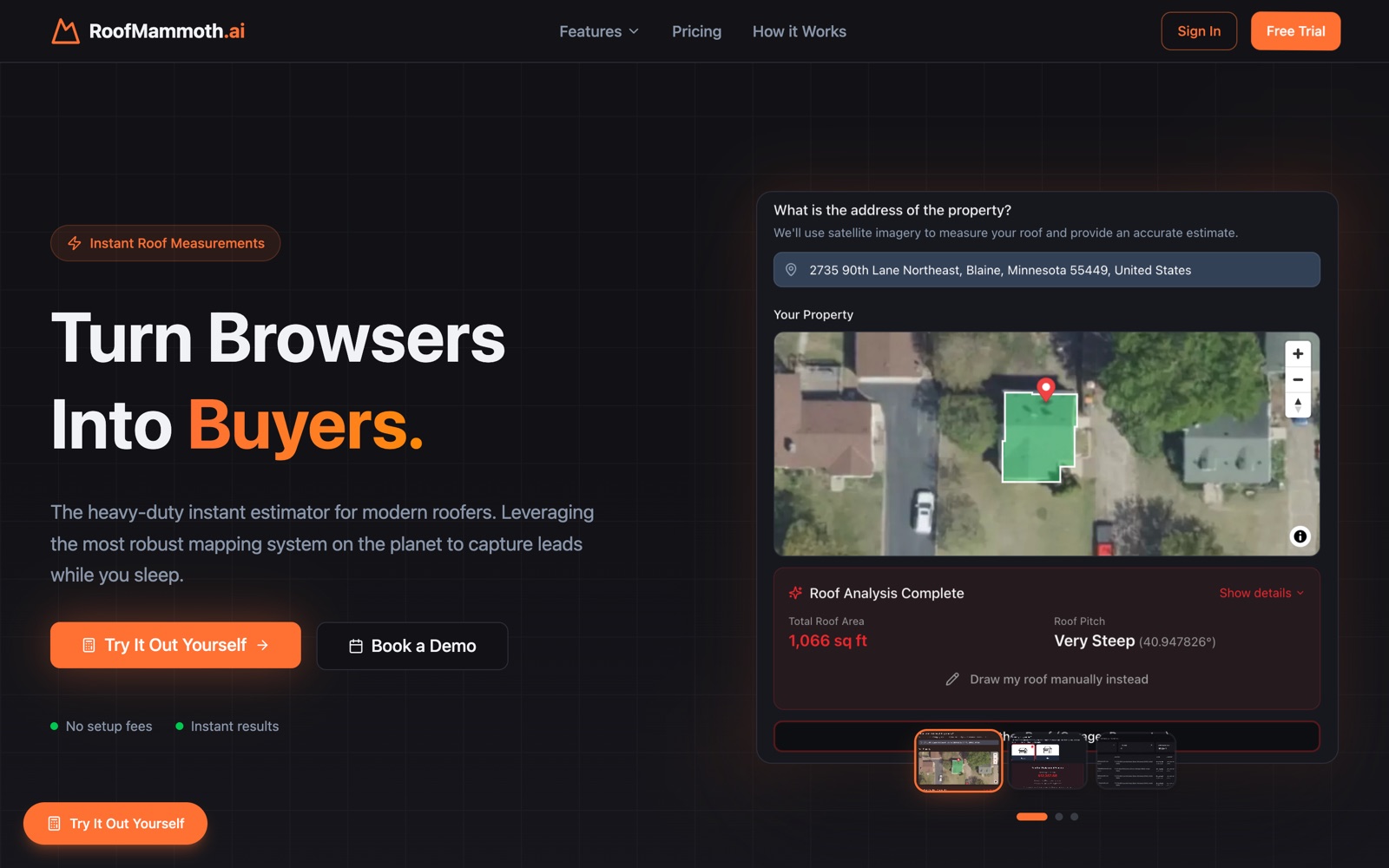 RoofMammoth.ai homepage with the live instant-estimate widget analyzing a satellite roof image, showing 1,066 square feet and a very steep pitch