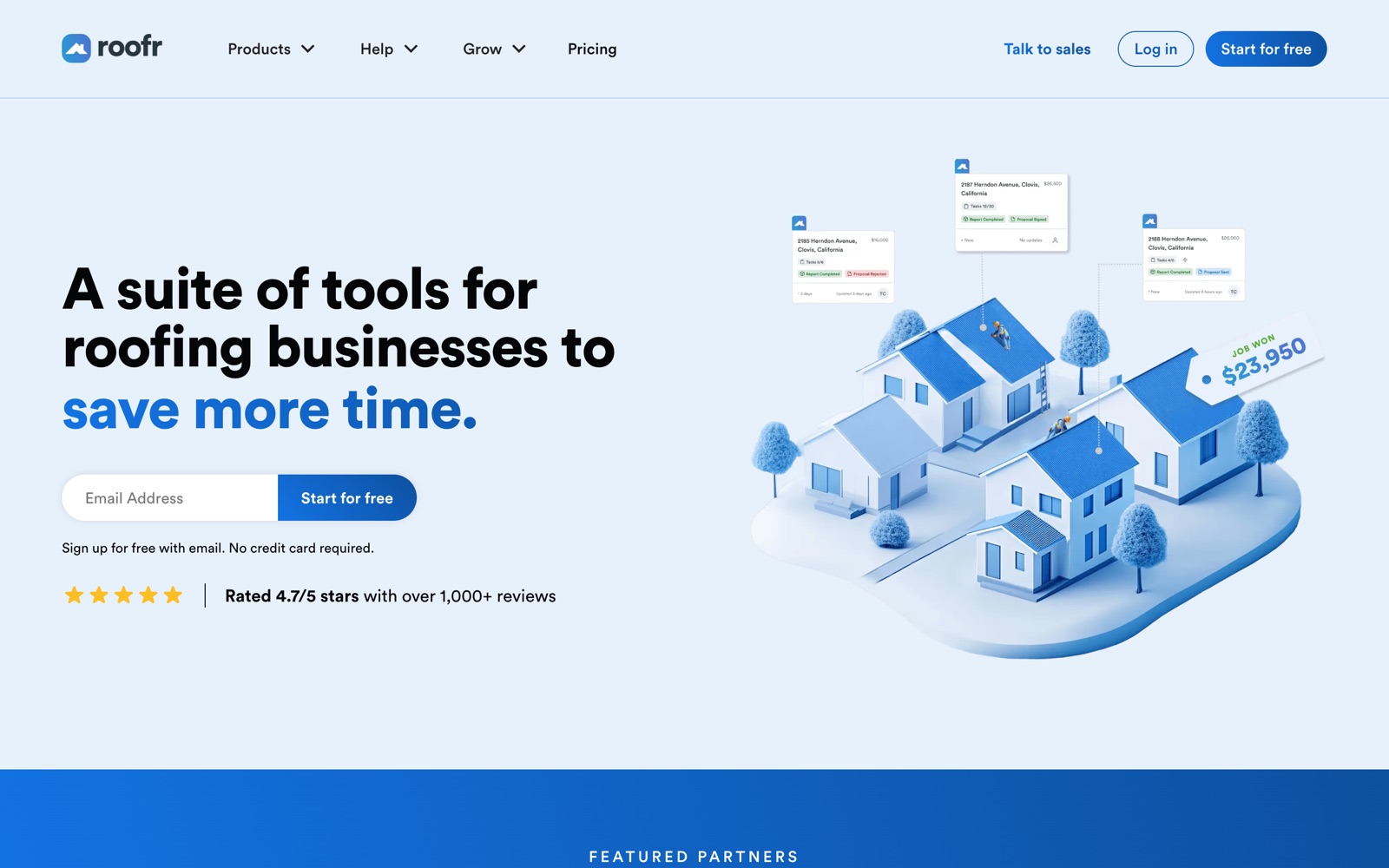Roofr homepage pitching a suite of tools for roofing businesses, rated 4.7 out of 5 stars with over 1,000 reviews