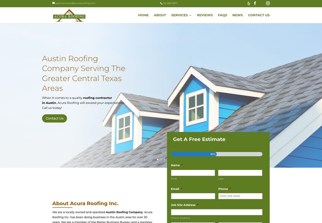 Acura Roofing homepage with a small headline, a Contact Us button, a six-field Get a Free Estimate form including a job site address, and an About paragraph