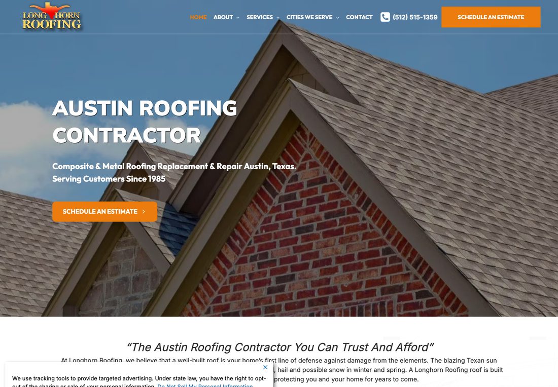 Longhorn Roofing homepage with the headline Austin Roofing Contractor, serving customers since 1985, a Schedule an Estimate button, a phone number, and a cookie notice
