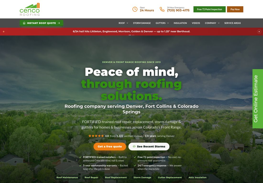Cenco Roofing homepage with a red banner naming a June hail event, a 4.8 rating from 1,222 reviews, FORTIFIED-trained installer badges, a 24-hour emergency line, and Get a Free Quote and See Recent Storms buttons