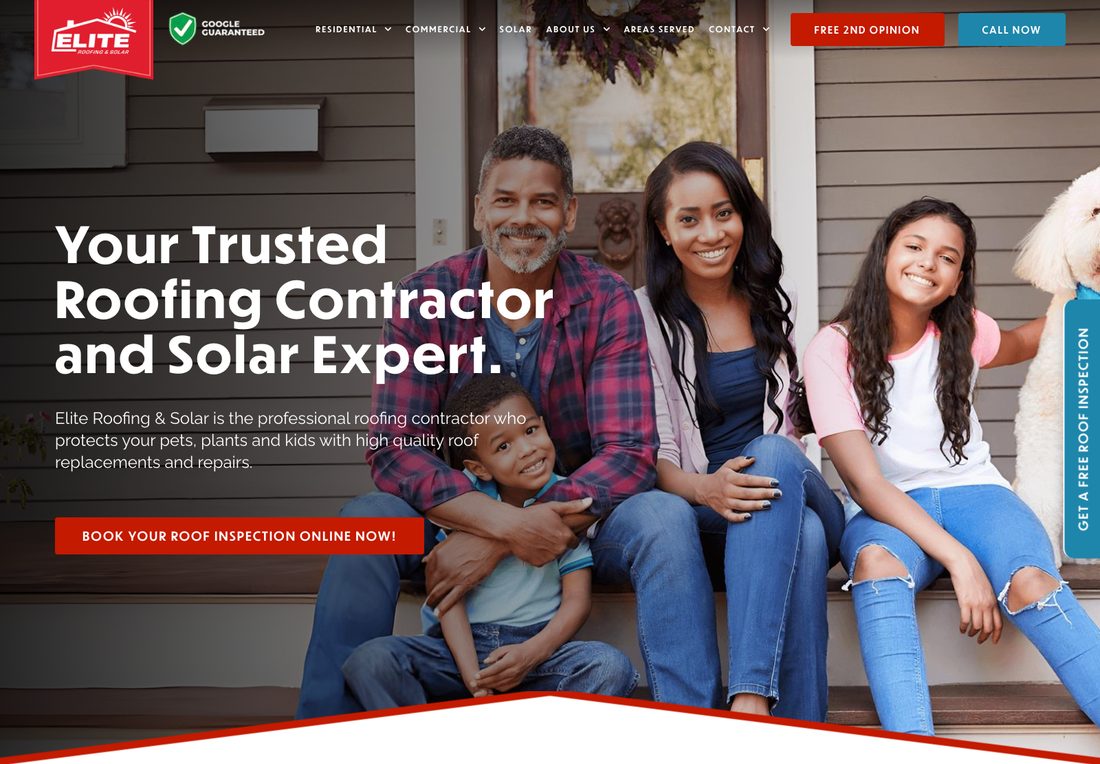 Elite Roofing and Solar homepage with a family photo, the headline Your Trusted Roofing Contractor and Solar Expert, a Book Your Roof Inspection Online button, and Free 2nd Opinion and Call Now buttons in the header