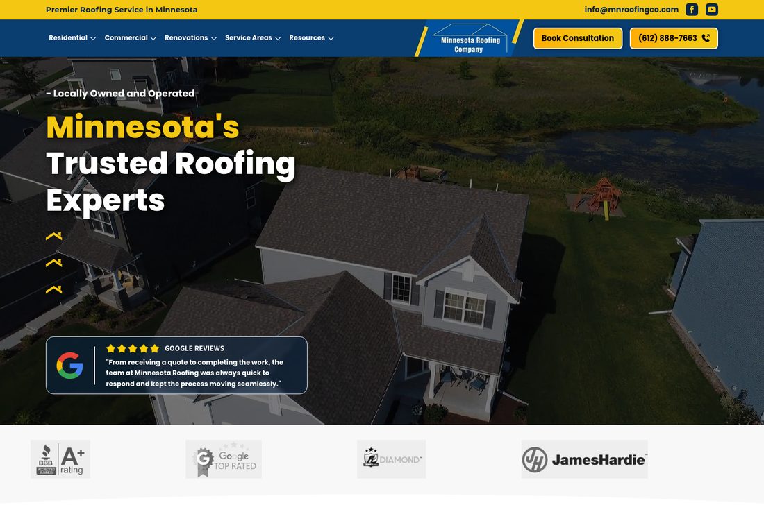 MN Roofing Co homepage with a drone photo of a roof, the headline Minnesota's Trusted Roofing Experts, a Google review card, Book Consultation and phone buttons, and a row of BBB, Google, Diamond, and James Hardie badges