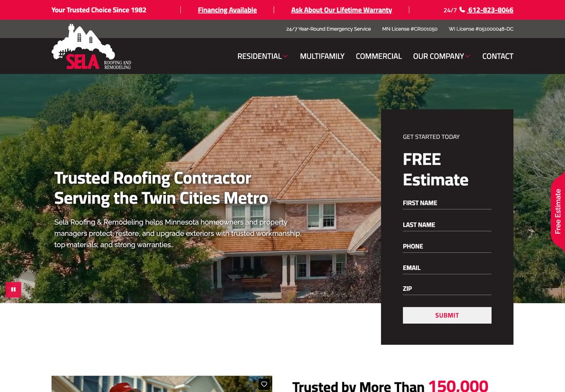 Sela Roofing homepage with a top bar showing financing, a lifetime warranty, a 24/7 phone number and the Minnesota license number, a hero photo of a finished roof, and a five-field Free Estimate form