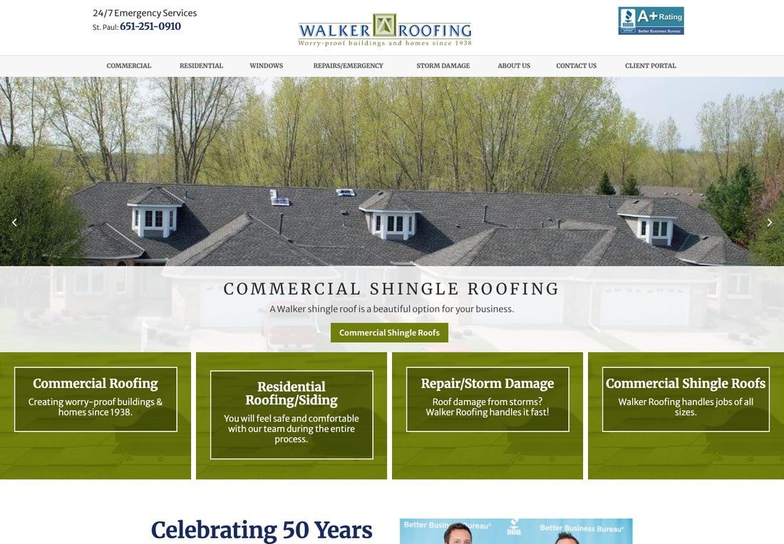 Walker Roofing homepage with a small phone number, a BBB badge, a commercial shingle roofing slider, and four green tiles for commercial, residential, repair and storm damage, and shingle roofs