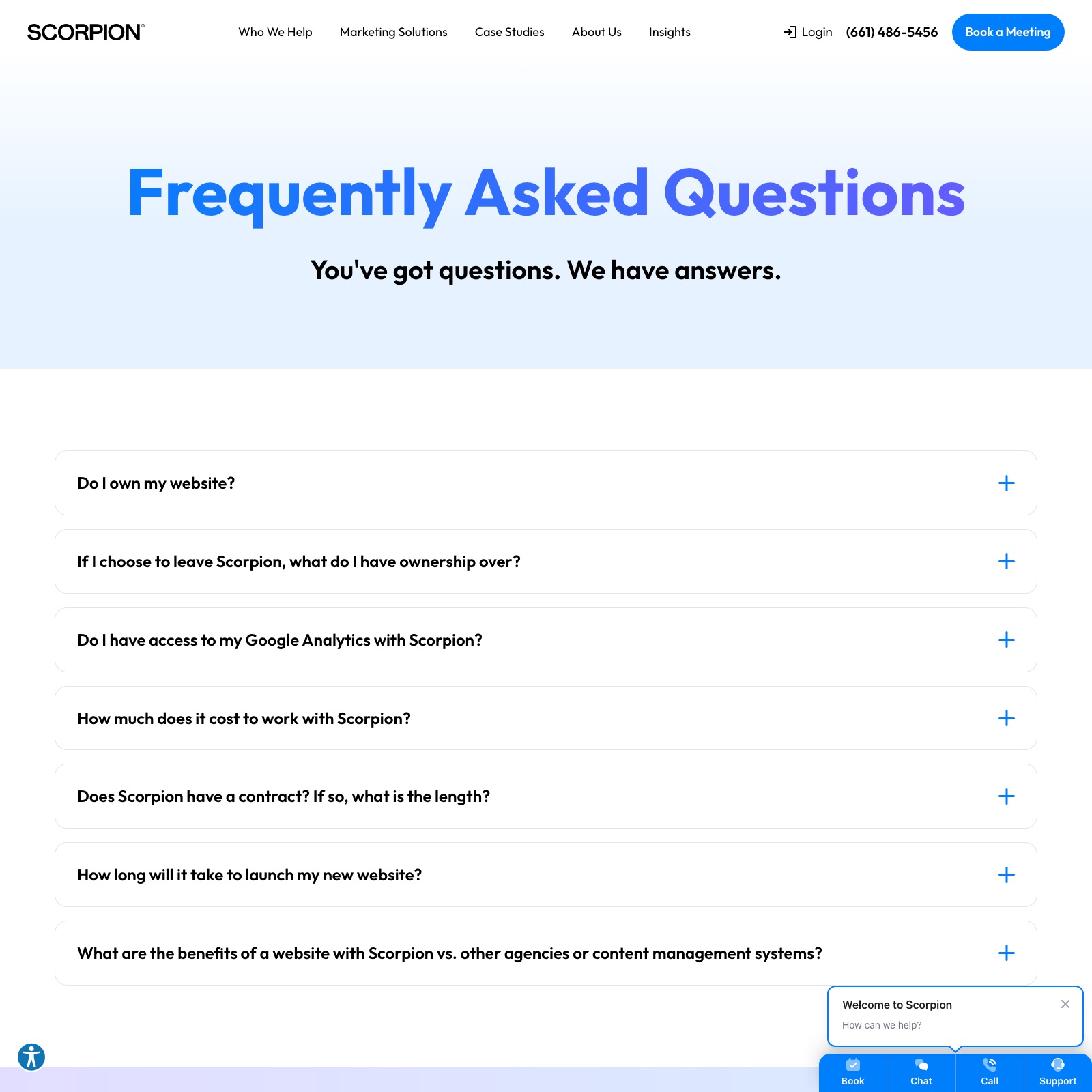 Scorpion FAQ page answering questions about contract length, website ownership and the proprietary CMS