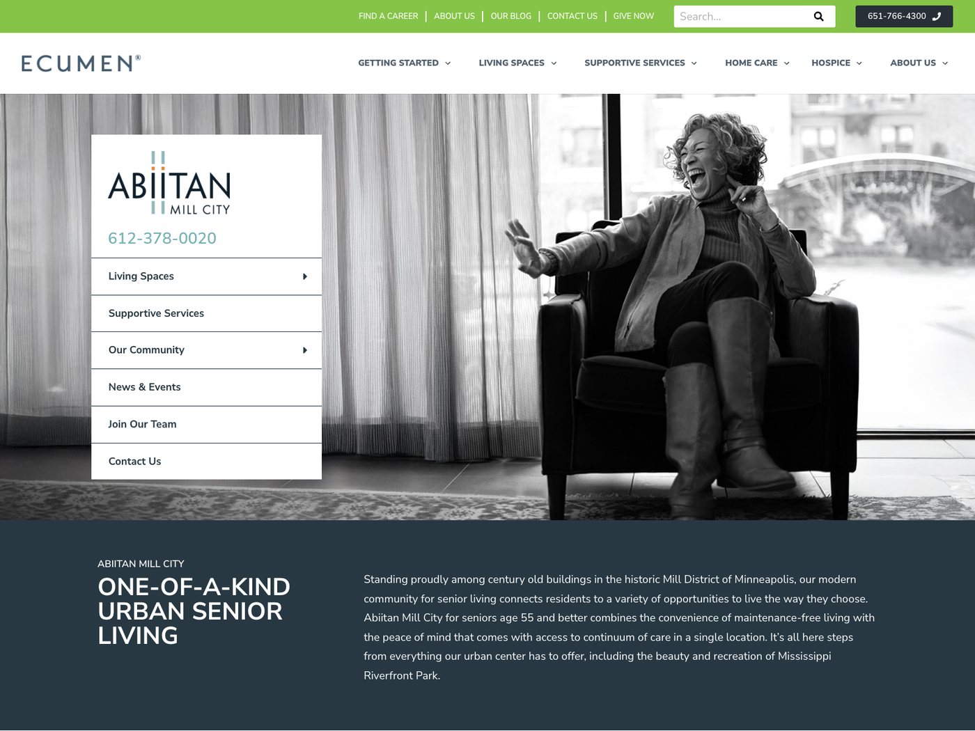 Abiitan Mill City page on the Ecumen website with a photo of a laughing resident and the heading One-of-a-kind urban senior living