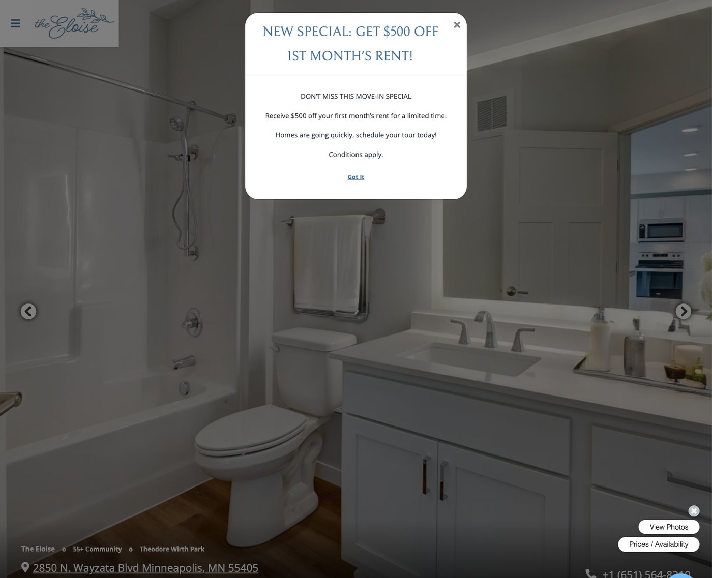 The Eloise 55-plus apartments website with a popup reading New Special: Get $500 Off 1st Month's Rent over a photo of an apartment bathroom
