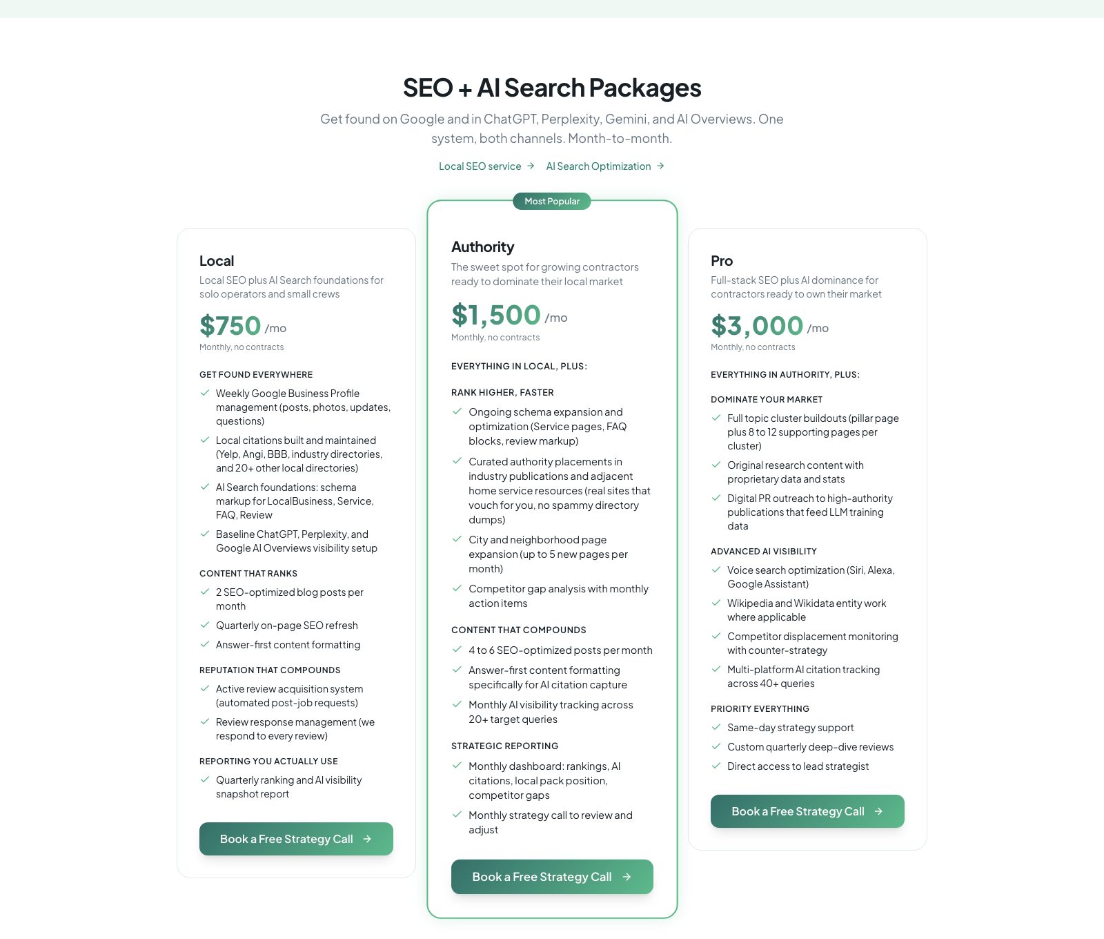 Skill Mammoth pricing page showing SEO plus AI Search packages at $750, $1,500 and $3,000 a month