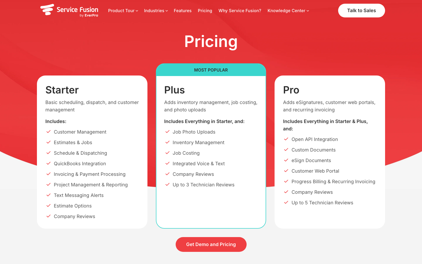 Service Fusion pricing page showing Starter, Plus, or Pro plan cards with feature lists and a Get Demo and Pricing button