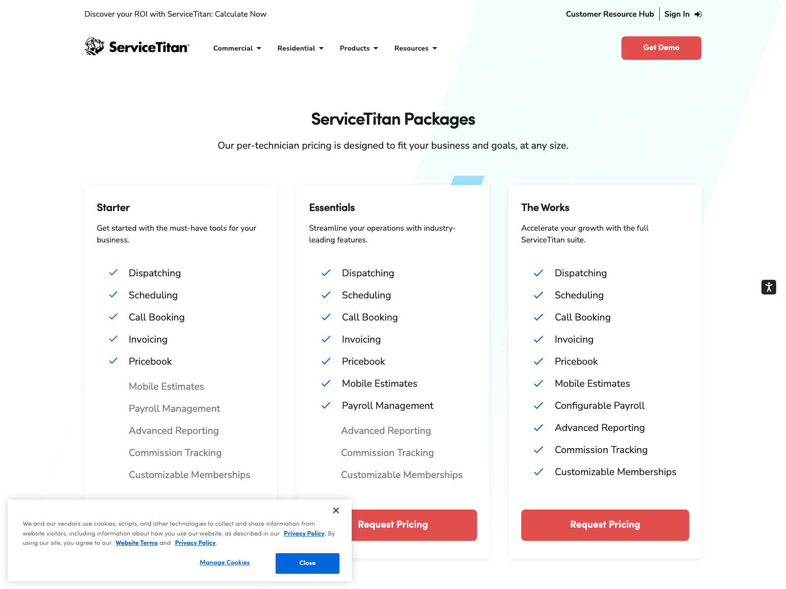 ServiceTitan packages page showing Starter, Essentials, and The Works tiers, each with a Request Pricing button and no dollar amounts