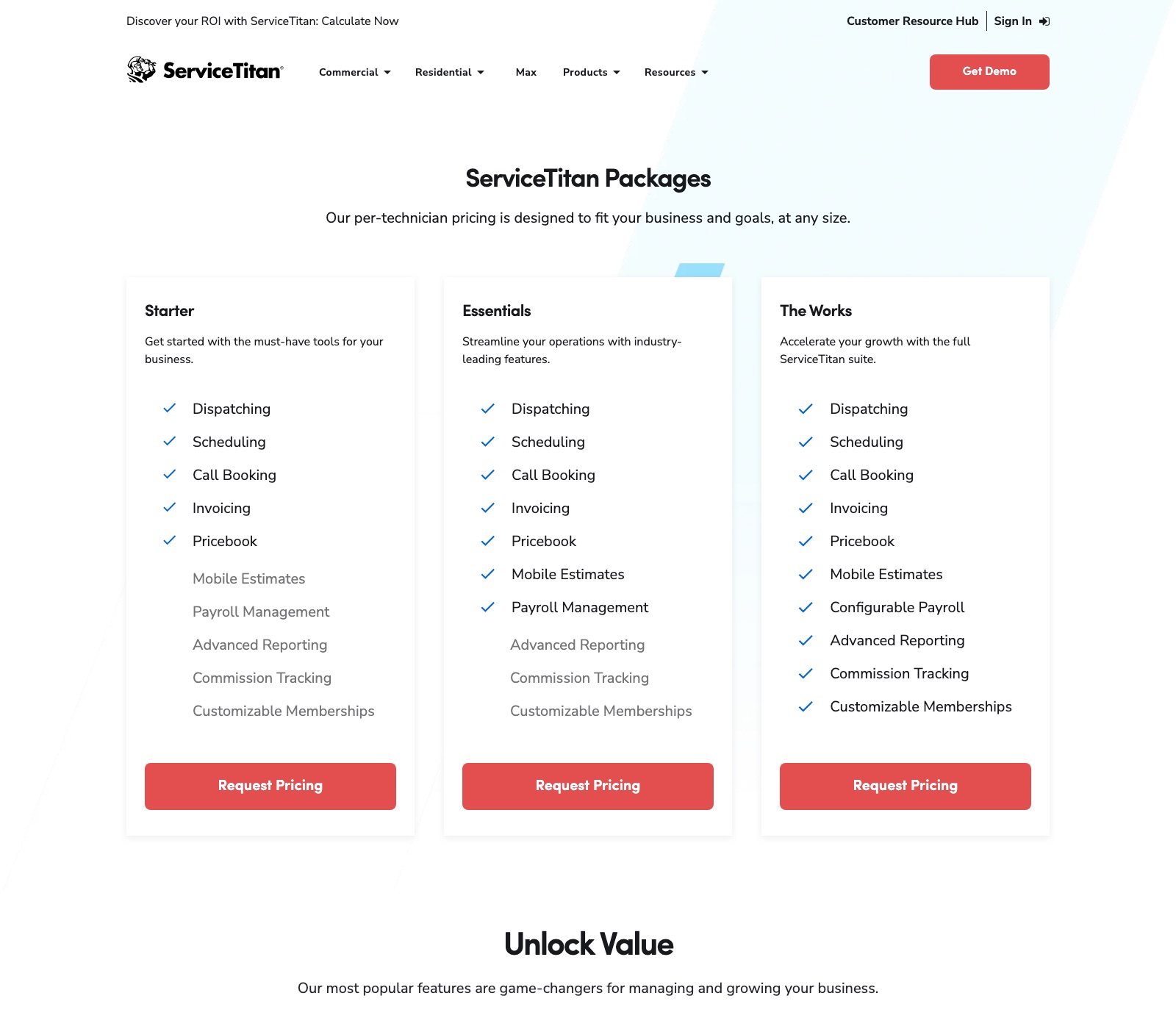 ServiceTitan pricing page showing Starter, Essentials and The Works tiers with a Request Pricing button and no prices